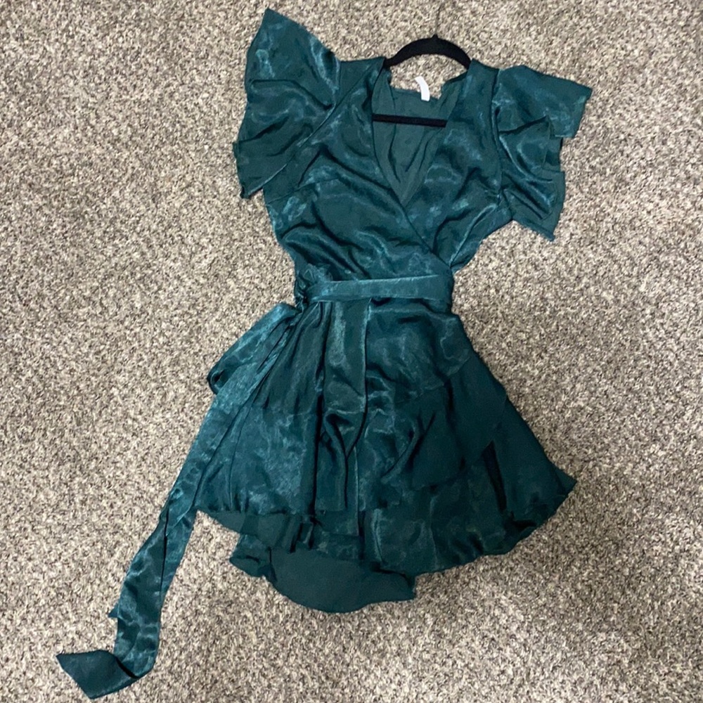 Wrap dress in forest green satin size M